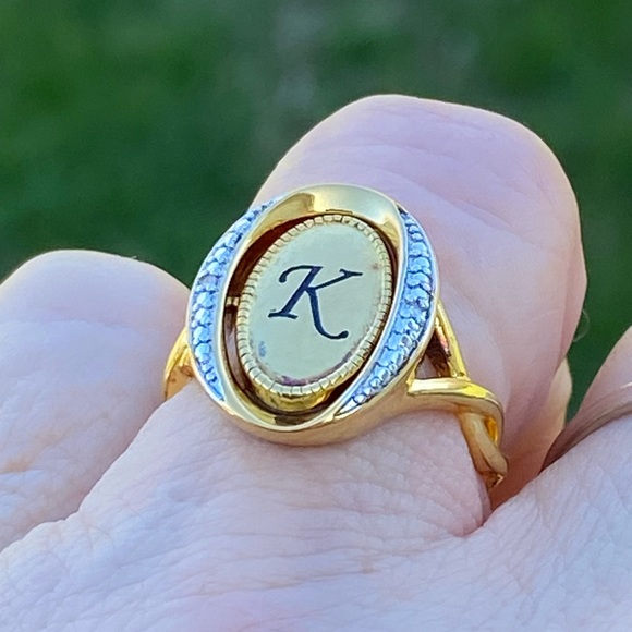 Danbury Mint blue birthstone Diamond flip ring initial K 14kt gold plated sz 7 - Picture 16 of 16